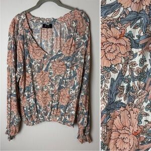 Meritt Blouse Size Large Top Long Sleeves Floral V-Neck  Pink Blue Black White